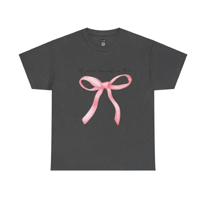 Dark gray t-shirt with a pink bow design on the front.