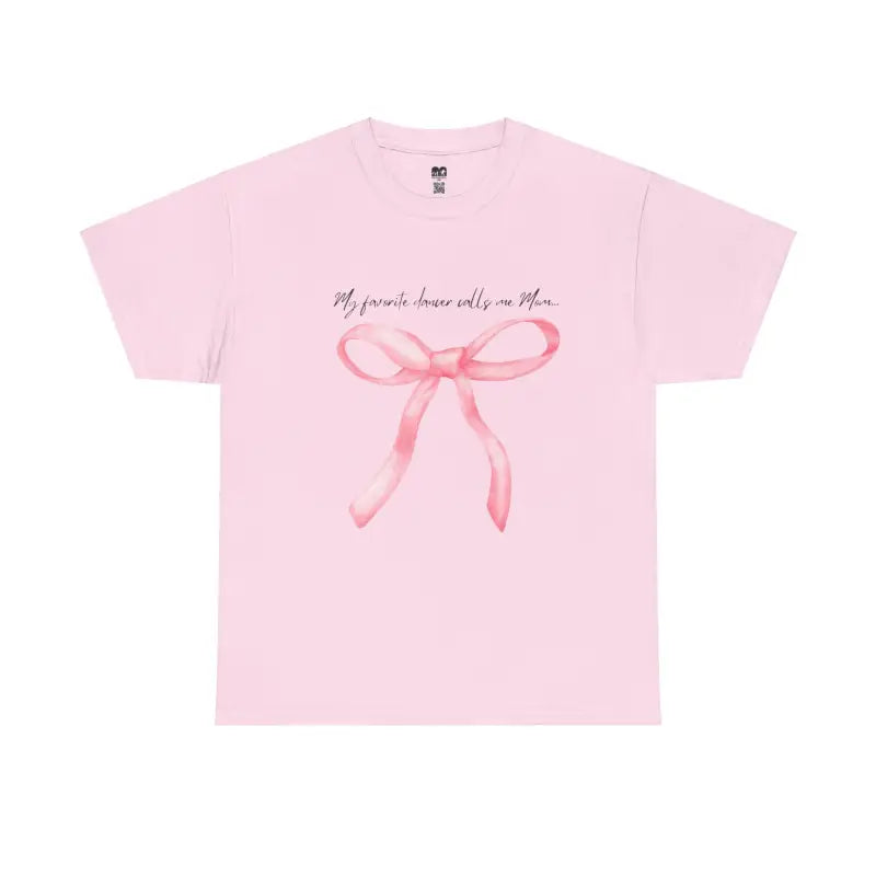 Pink t-shirt with a watercolor-style bow ribbon design and text.