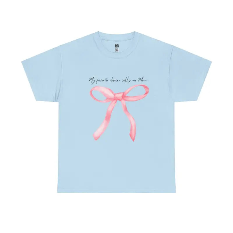 Light blue t-shirt with a pink bow design and text printed on the front.