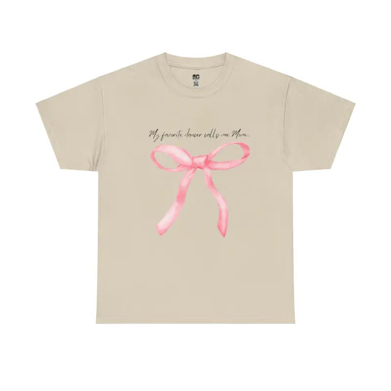 Beige t-shirt with a pink bow design and text printed on the front.