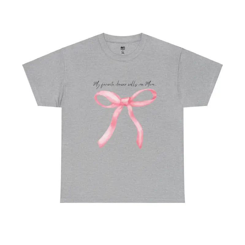 Grey t-shirt featuring a pink bow design and text.