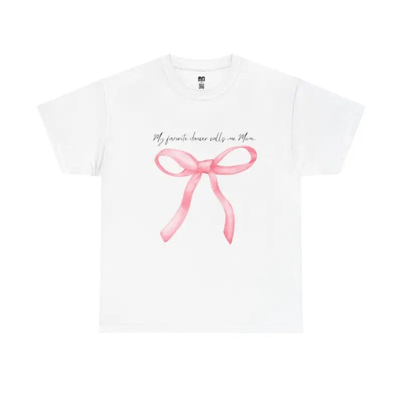 White t-shirt with a pink bow design and text printed on it.