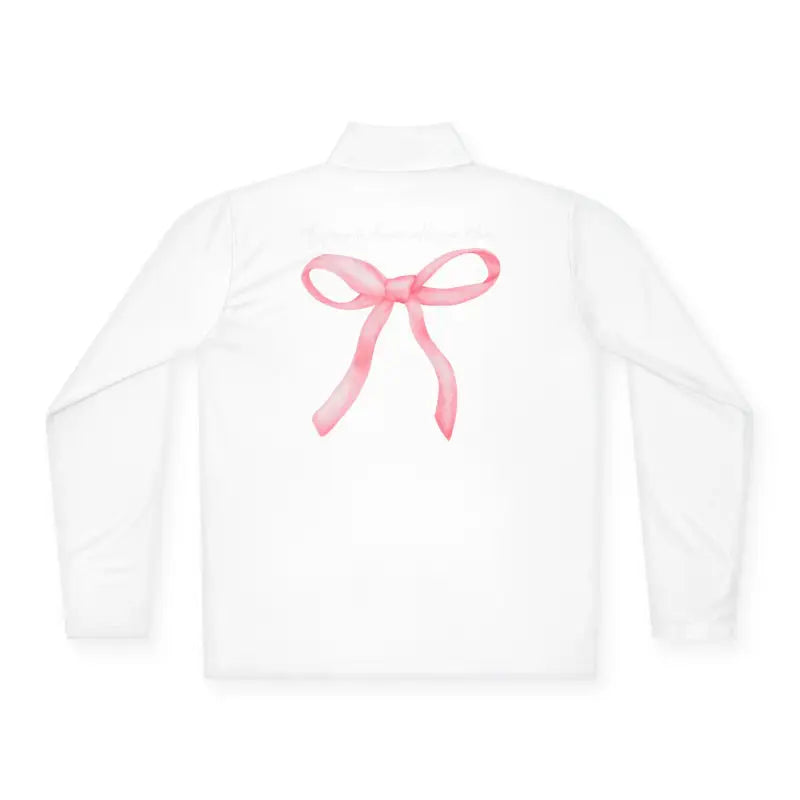 White button-up shirt with a pink bow design on the back.