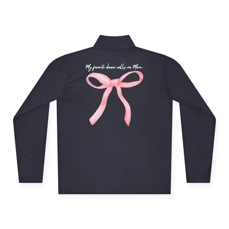 Black jacket with a pink bow design and text on the back.