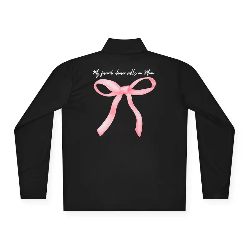 Black jacket with a pink bow design and text on the back.