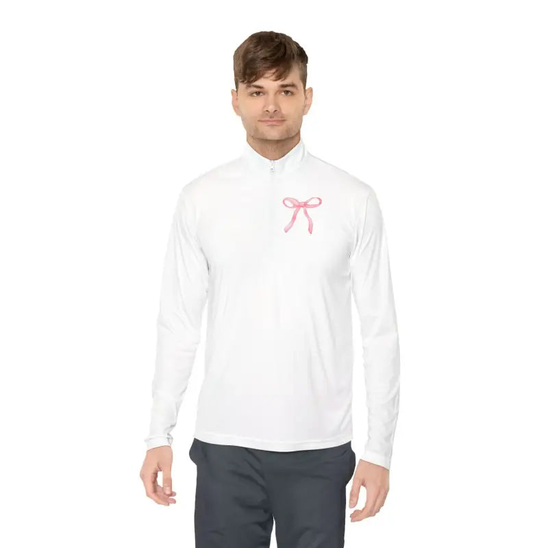 White long-sleeved athletic shirt with a pink bow design on the chest.