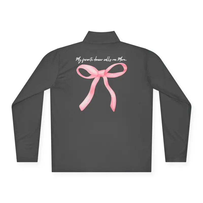 Dark gray jacket with a pink bow design and text on the back.