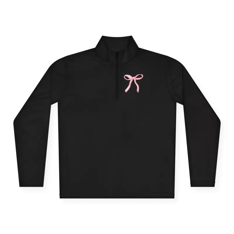 Black quarter-zip pullover with a pink bow embroidered on the chest.