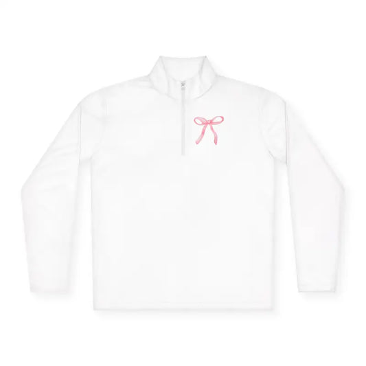 White quarter-zip pullover with a pink bow embroidered on the chest.
