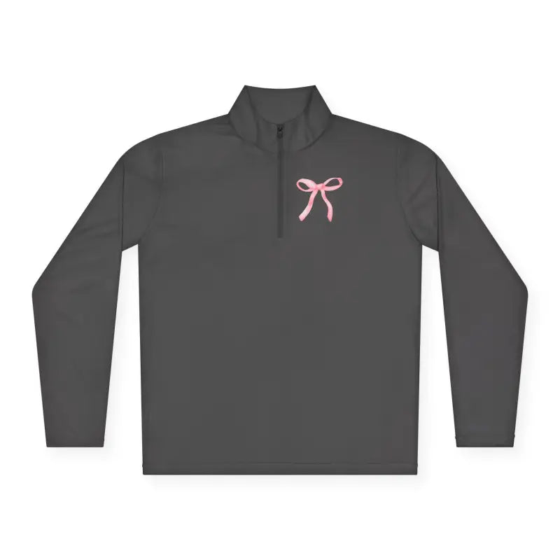 Dark gray quarter-zip pullover with a pink bow design on the chest.