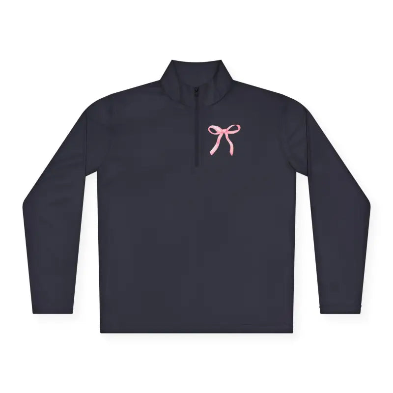 Black quarter-zip pullover with a pink bow design on the chest.