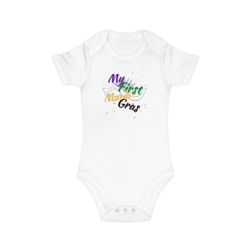 White baby onesie with colorful ’My First Mardi Gras’ text printed on it.