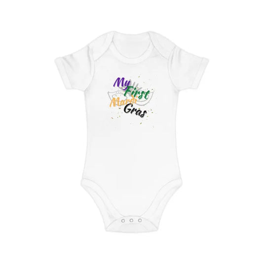 White baby onesie with colorful ’My First Mardi Gras’ text printed on it.