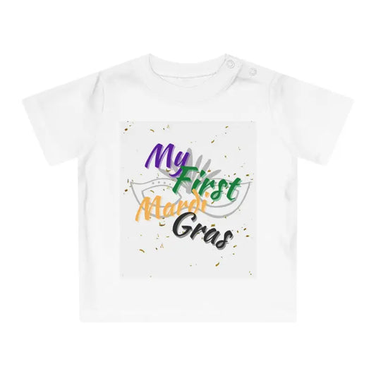 White t-shirt with colorful ’My First Mardi Gras’ text design.