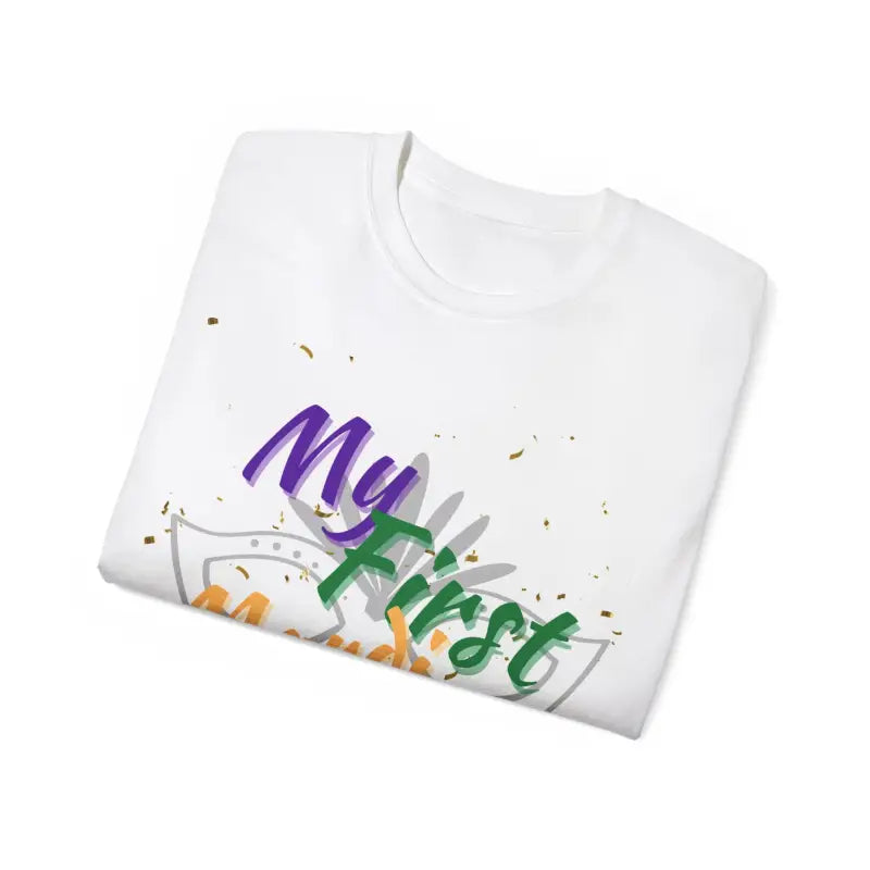 White t-shirt with colorful gradient text design.