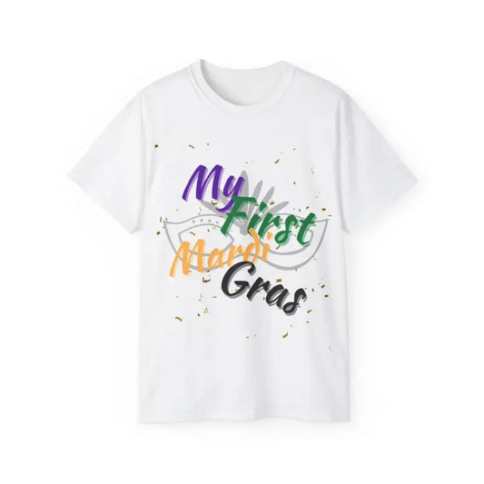 White t-shirt with colorful ’My First Mardi Gras’ text design.