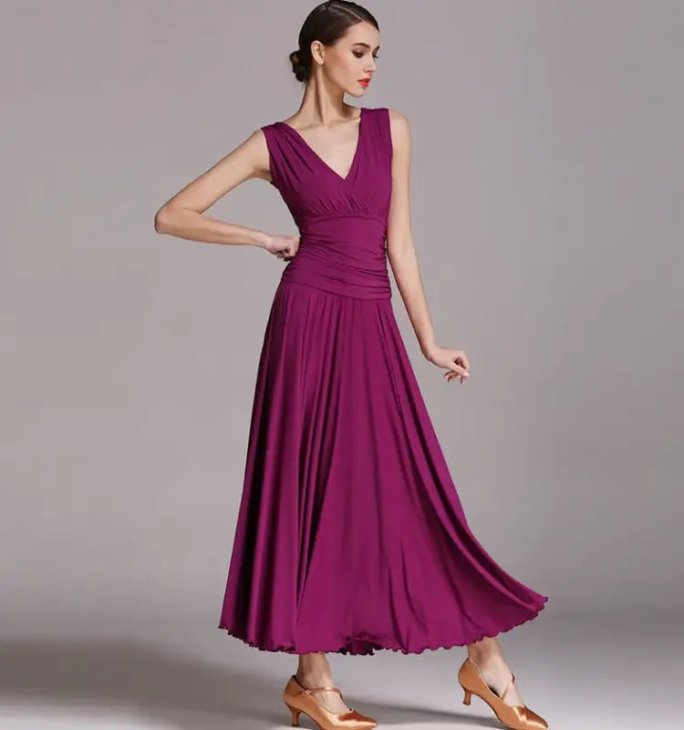 Purple V-neck sleeveless dress.