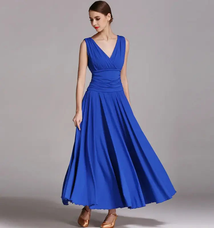 Blue V-neck sleeveless dress.