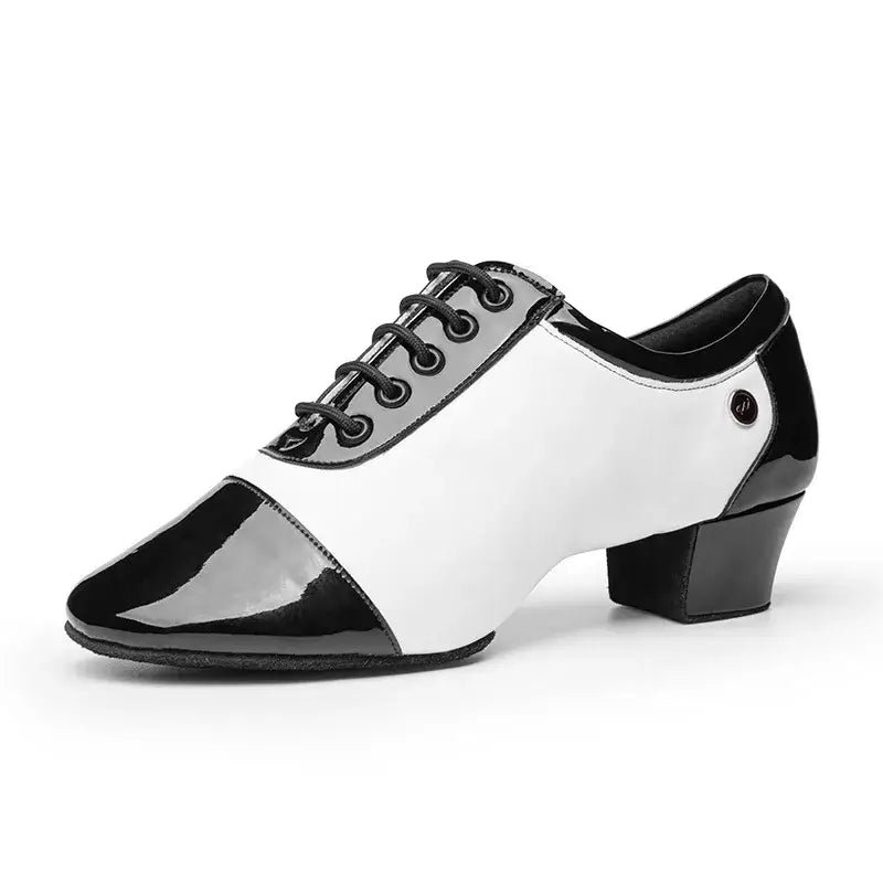 Black and white patent leather dance shoe.