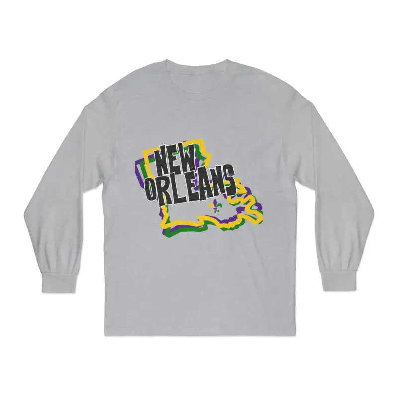 Grey long-sleeve t-shirt with ’New Orleans’ text inside a Louisiana state shape design.