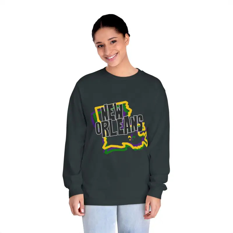 Dark gray sweatshirt with ’New Orleans’ text and Louisiana state outline design in yellow and blue colors.