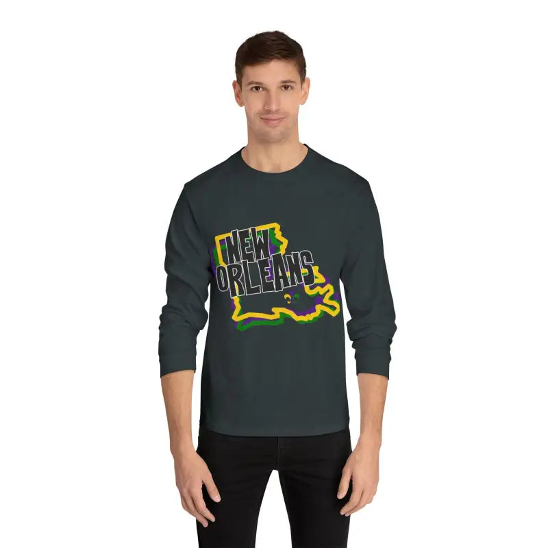 Dark gray long-sleeve t-shirt featuring ’New Orleans’ text with Louisiana state outline in yellow and green.