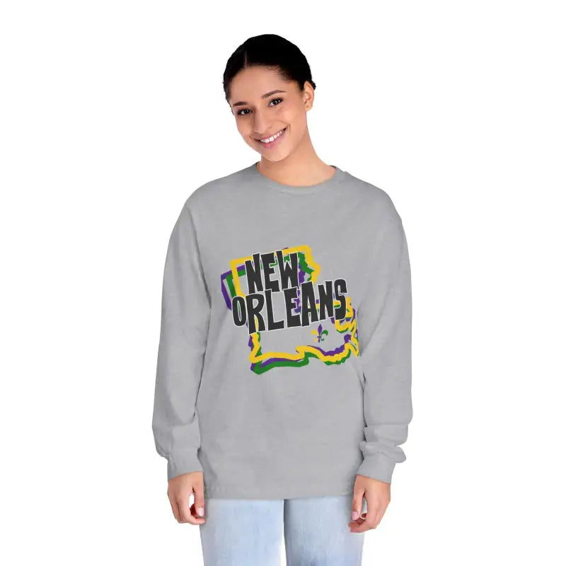 Grey sweatshirt featuring ’New Orleans’ text design with Mardi Gras colors and Louisiana state shape.