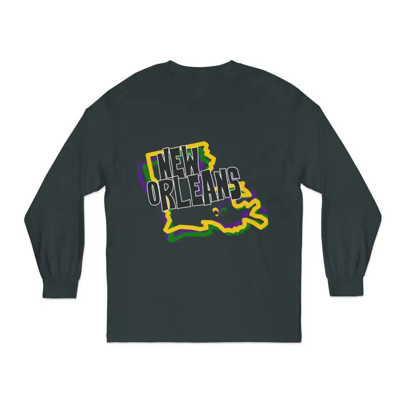 Dark gray long-sleeve t-shirt with ’New Orleans’ text inside a Louisiana state outline graphic.