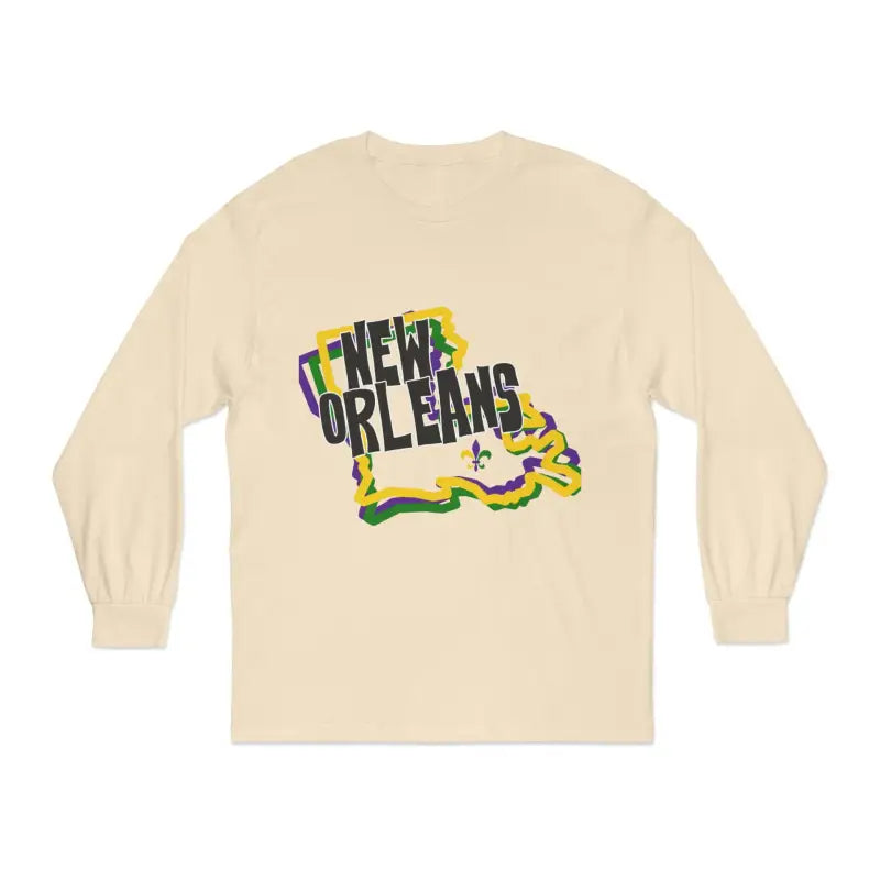 Cream-colored long sleeve t-shirt with ’New Orleans’ text shaped like Louisiana in green, black and yellow colors.