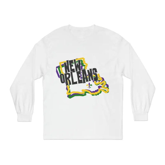 White long-sleeve t-shirt with ’New Orleans’ text shaped like Louisiana in green and yellow colors.