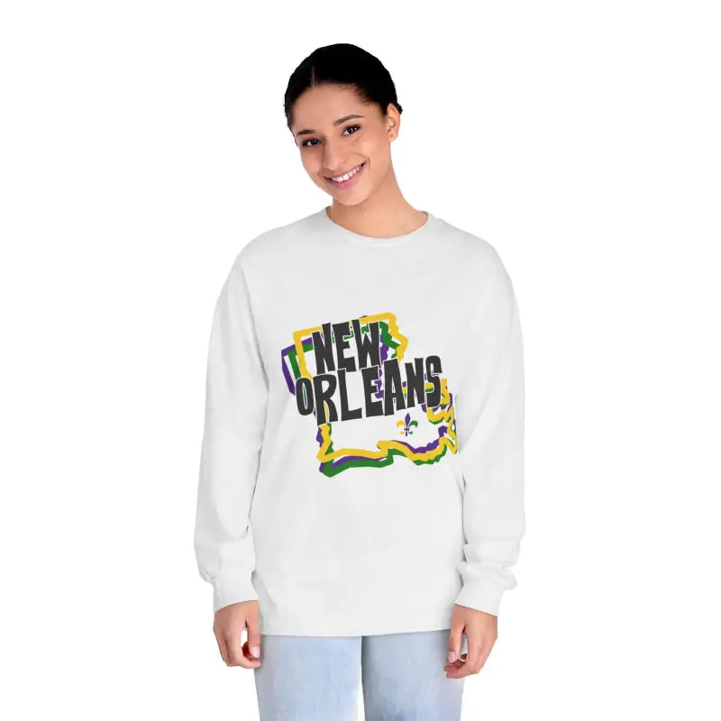 White sweatshirt with ’New Orleans’ text and colorful Louisiana state design.