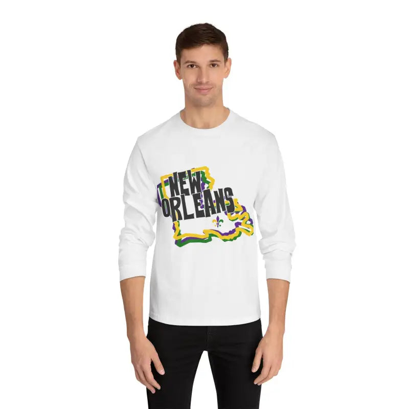 White long-sleeve t-shirt with ’New Orleans’ text design in black and yellow colors shaped like Louisiana state.
