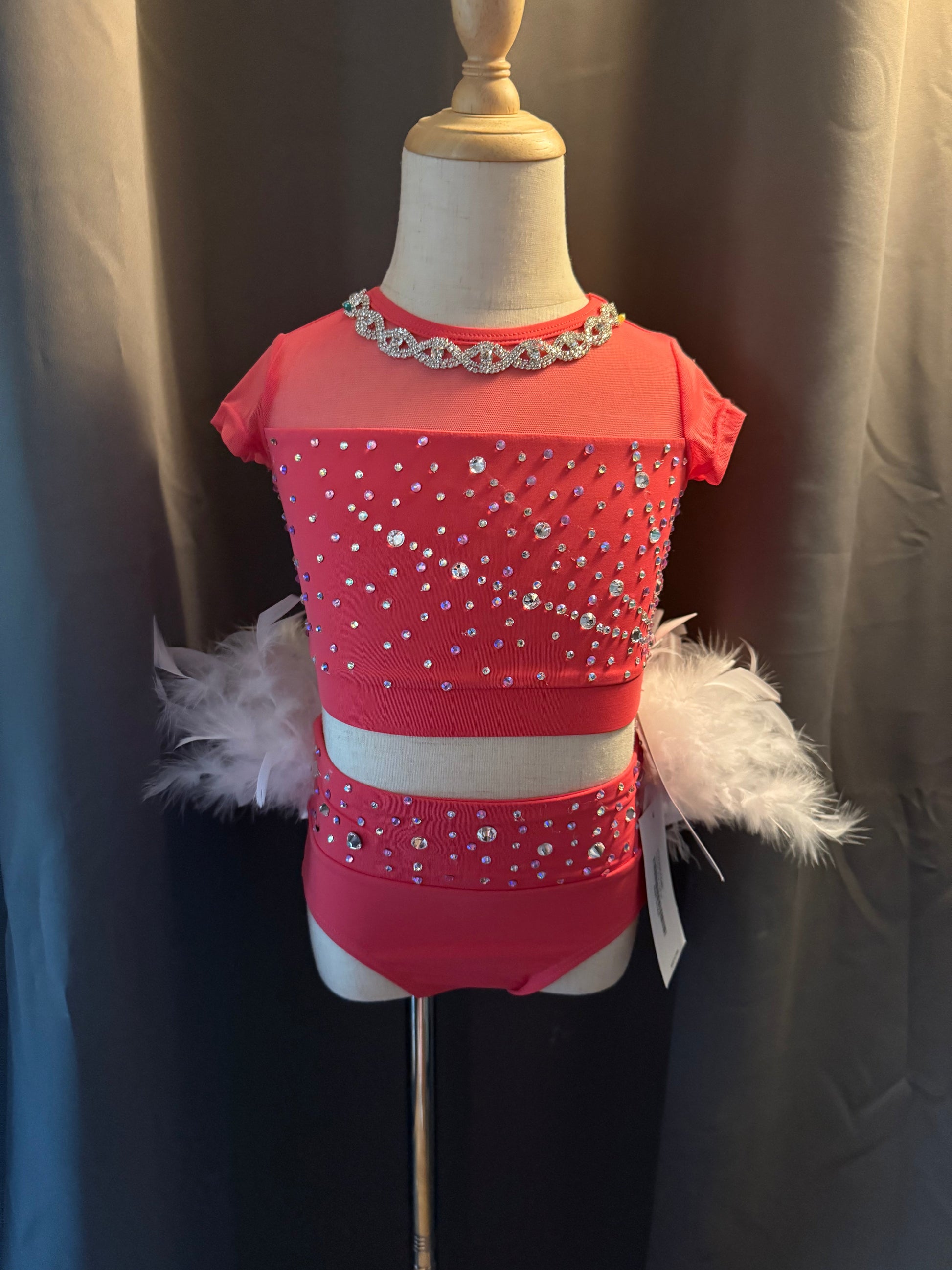 Pink Sugar – Sassy 2-Piece Jazz Costume with White Feathers & Real Crystals - Child Small