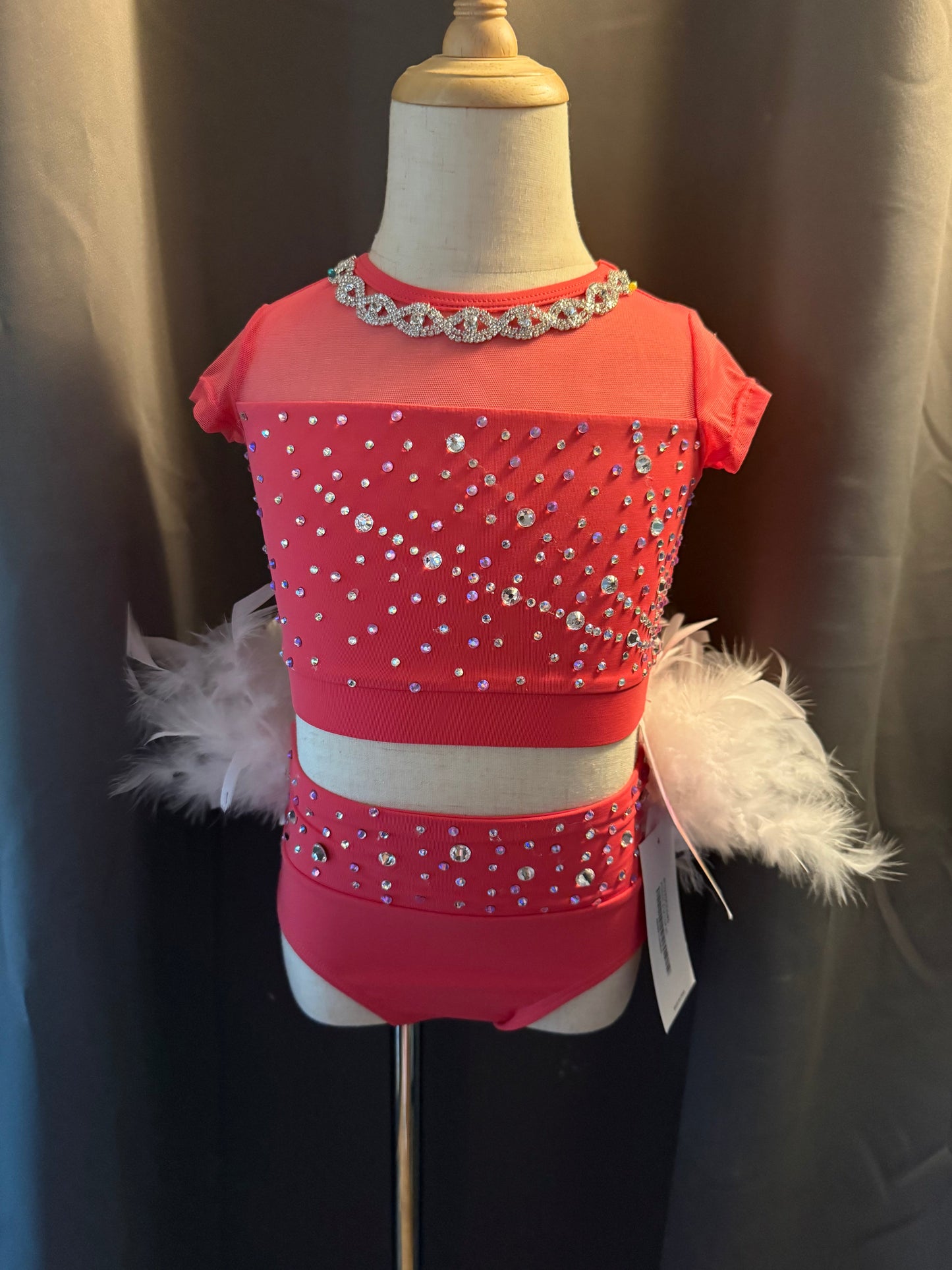Pink Sugar – Sassy 2-Piece Jazz Costume with White Feathers & Real Crystals - Child Small