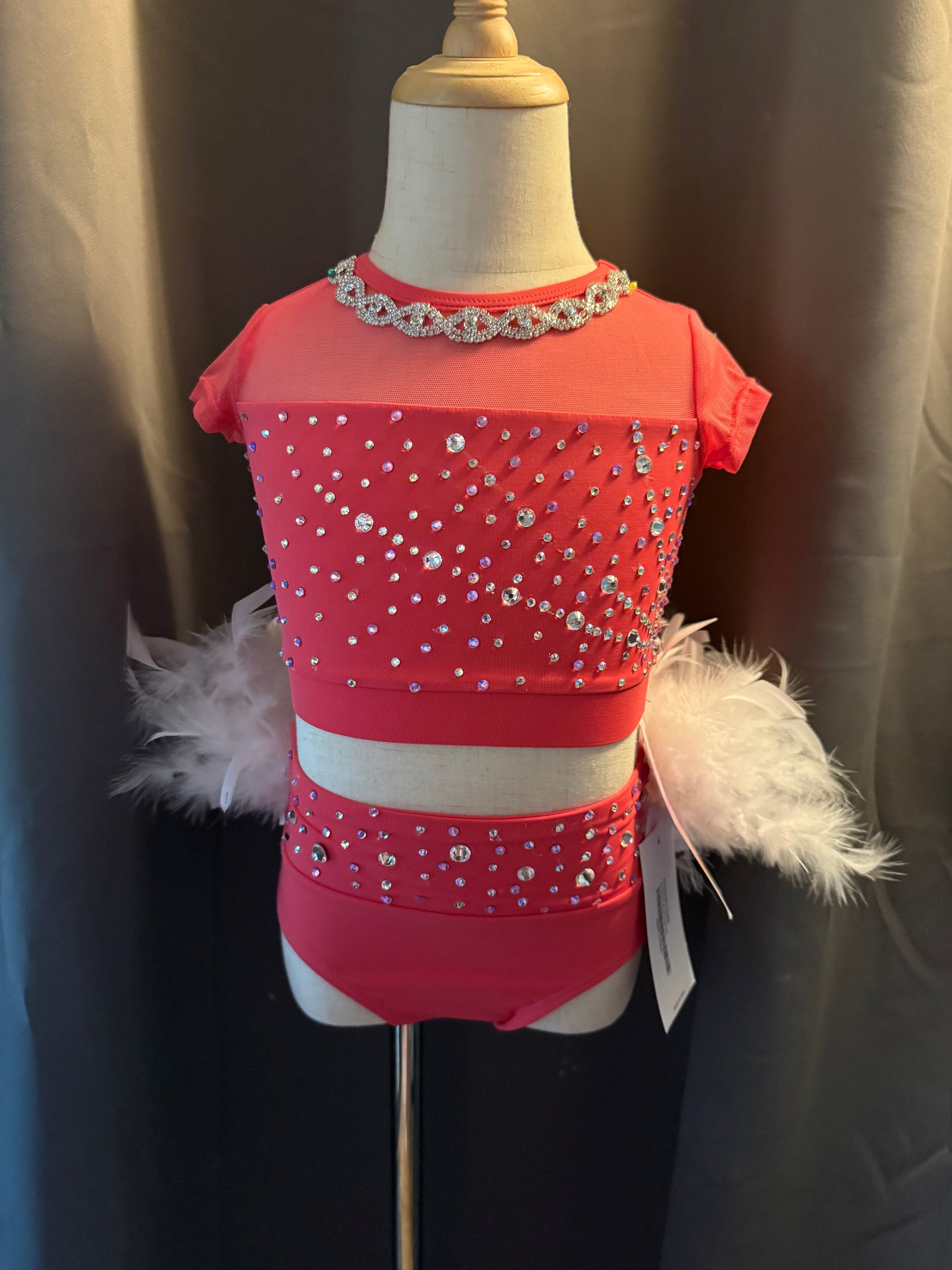 Pink Sugar – Sassy 2-Piece Jazz Costume with White Feathers & Real Crystals - Child Small