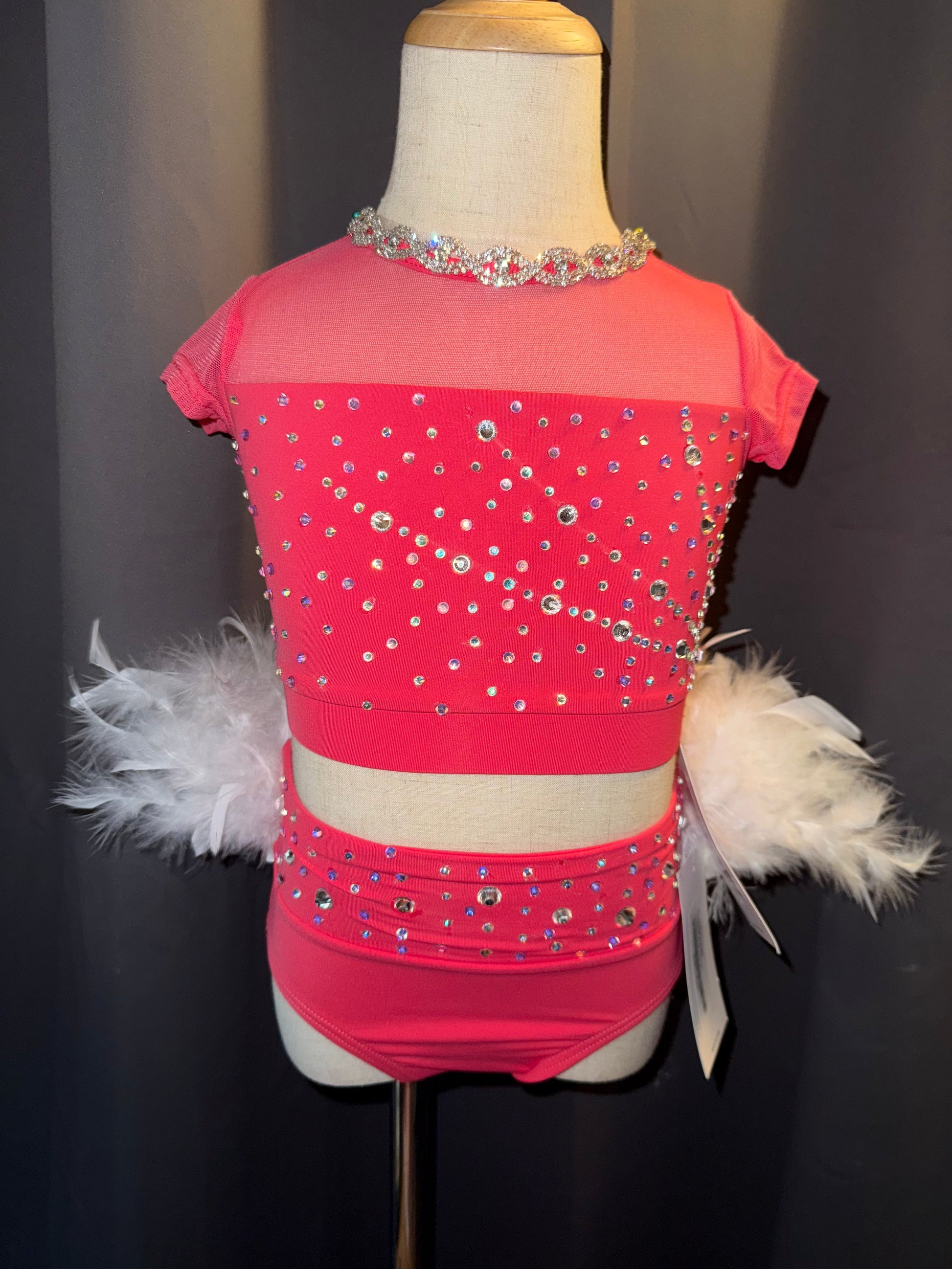 Pink Sugar – Sassy 2-Piece Jazz Costume with White Feathers & Real Crystals - Child Small
