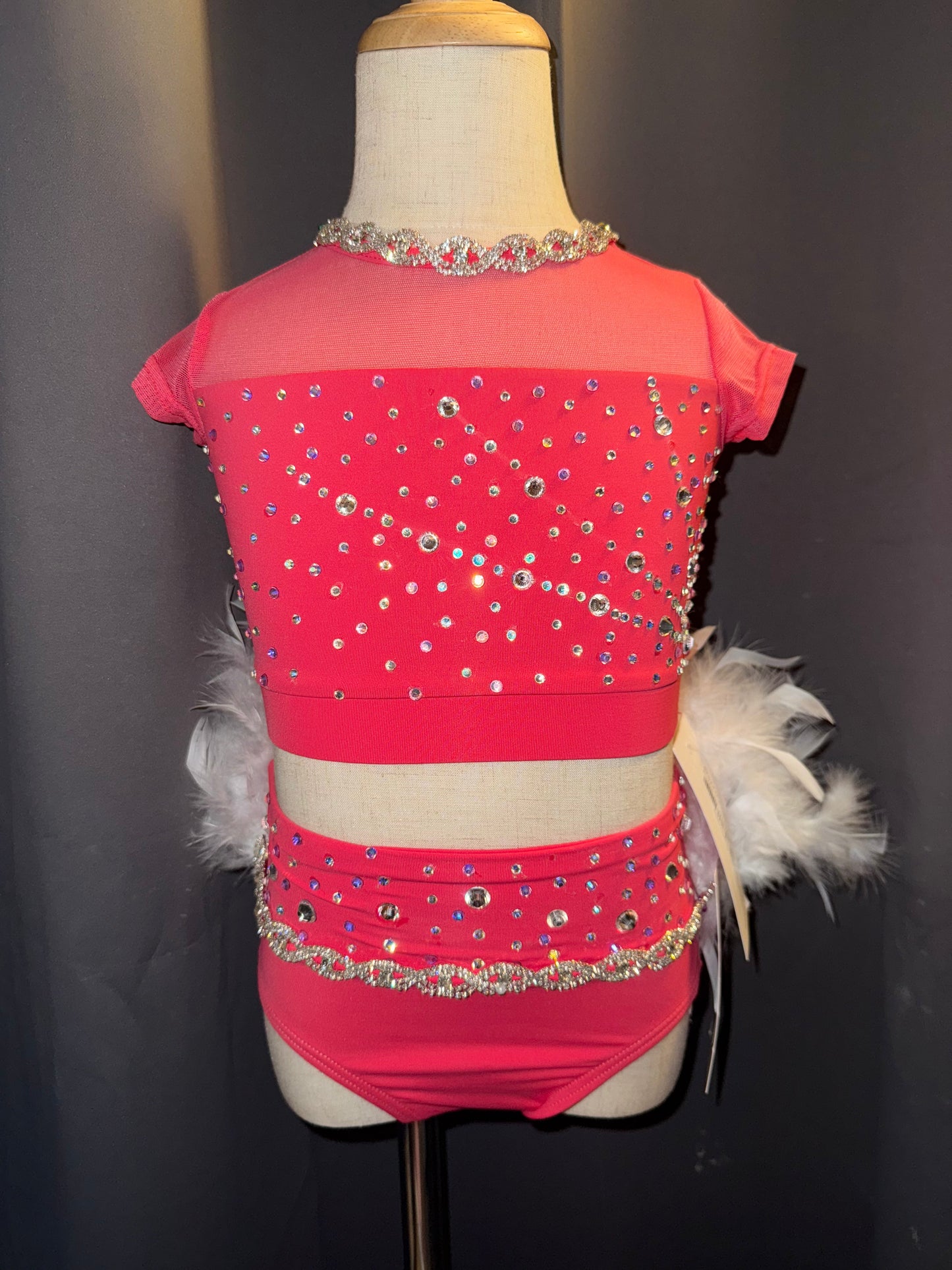 Pink Sugar – Sassy 2-Piece Jazz Costume with White Feathers & Real Crystals - Child Small