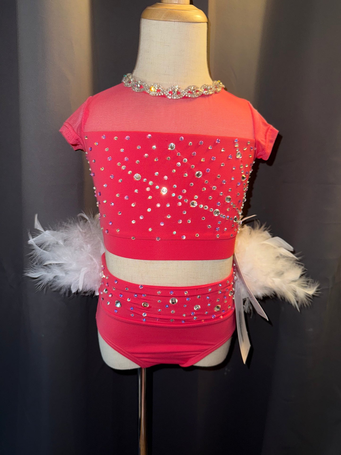 Pink Sugar – Sassy 2-Piece Jazz Costume with White Feathers & Real Crystals - Child Small