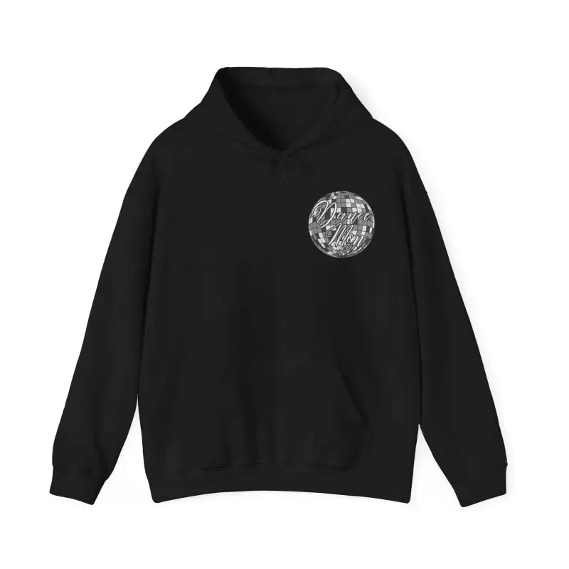 Black hoodie sweatshirt with a circular graphic design on the chest.