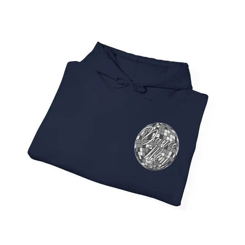 Navy blue sweatshirt with a circular silver metallic design on the front.