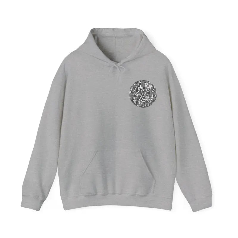 Light gray hooded sweatshirt with a circular graphic design on the chest.