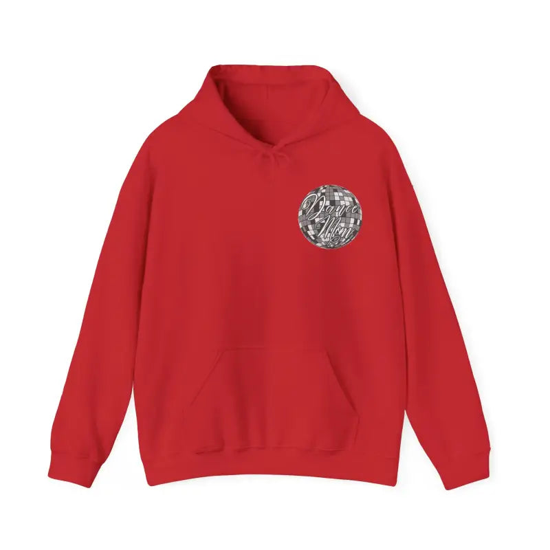 Red hoodie sweatshirt with a circular silver graphic design on the chest.