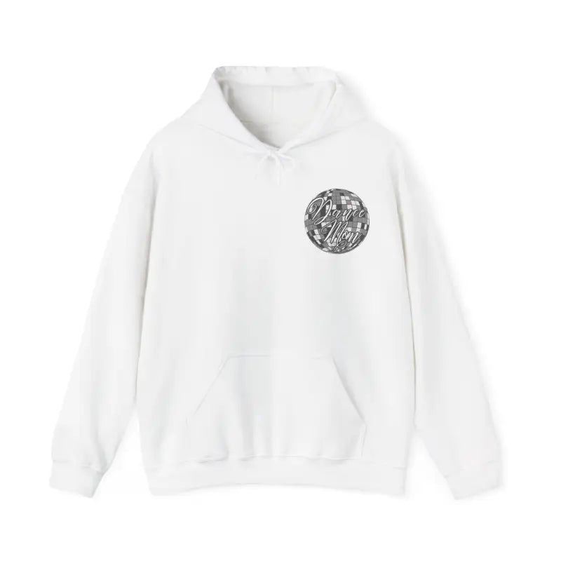 White hoodie sweatshirt with a circular black and white graphic design on the chest.