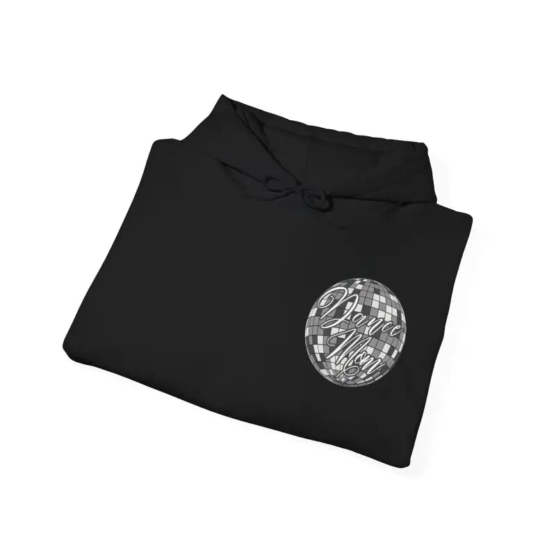 Black folded sweatshirt with a circular graphic design on the front.