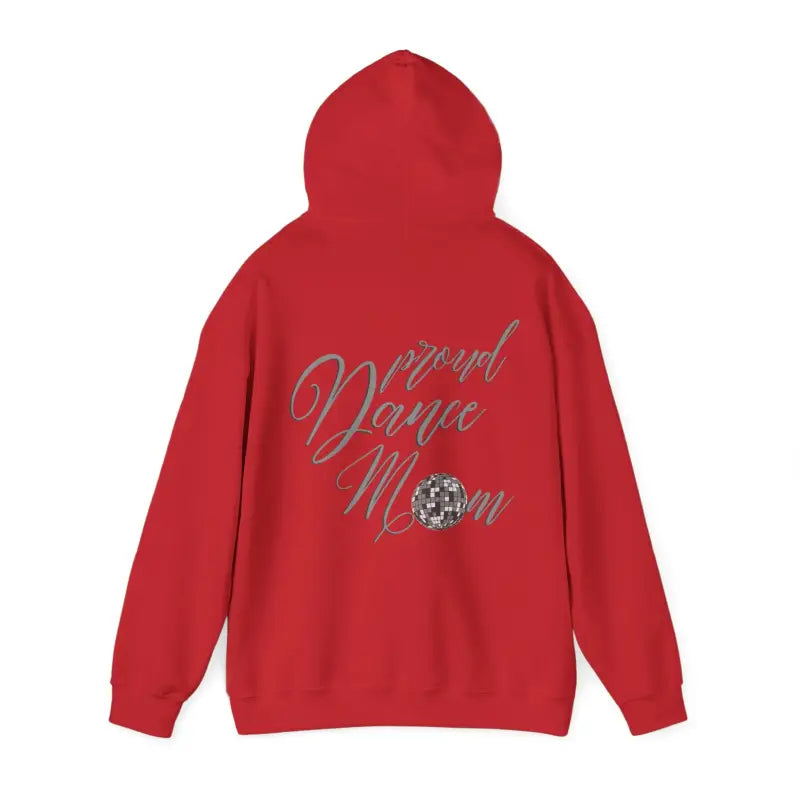 Red hoodie sweatshirt with silver text and a dice design on the back.