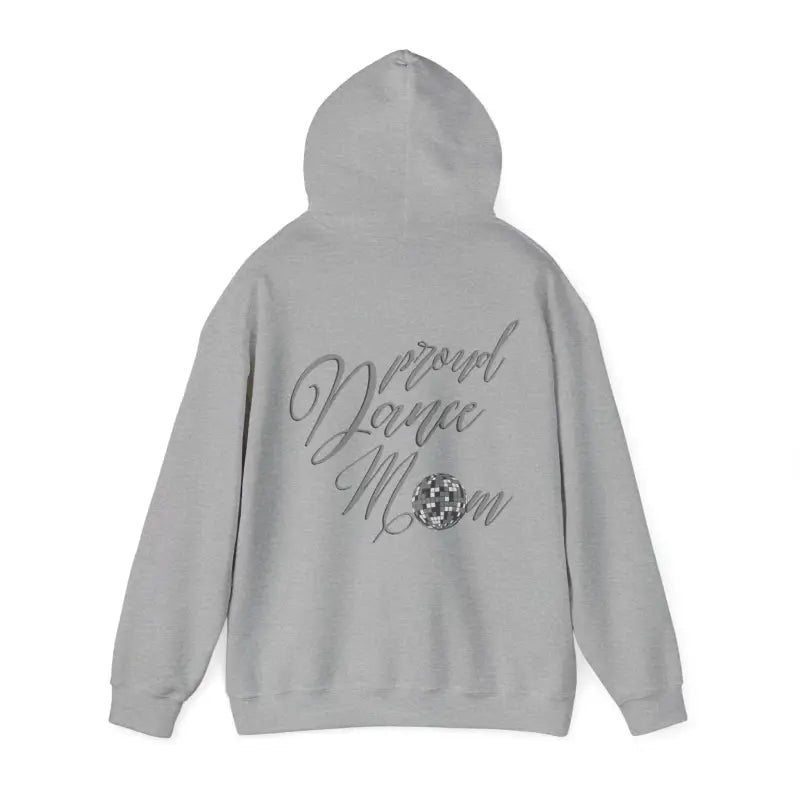 Gray hooded sweatshirt with ’Dance Mom’ text and a sparkly ball design on the back.