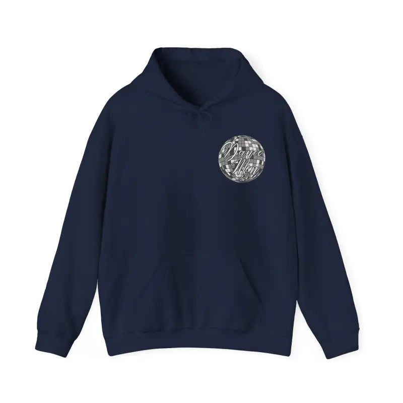 Navy blue hoodie sweatshirt with a circular grey logo patch on the chest.