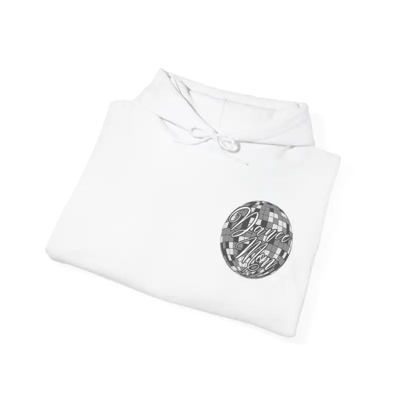 White folded hoodie with a circular gray graphic design on the front.