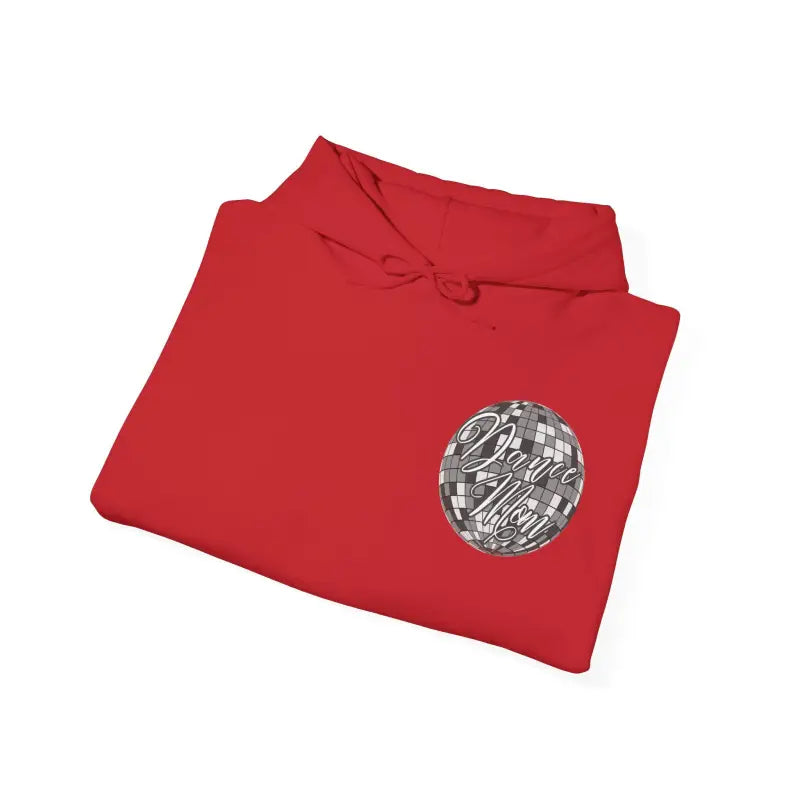 Red sweatshirt with a circular metallic design on the front.