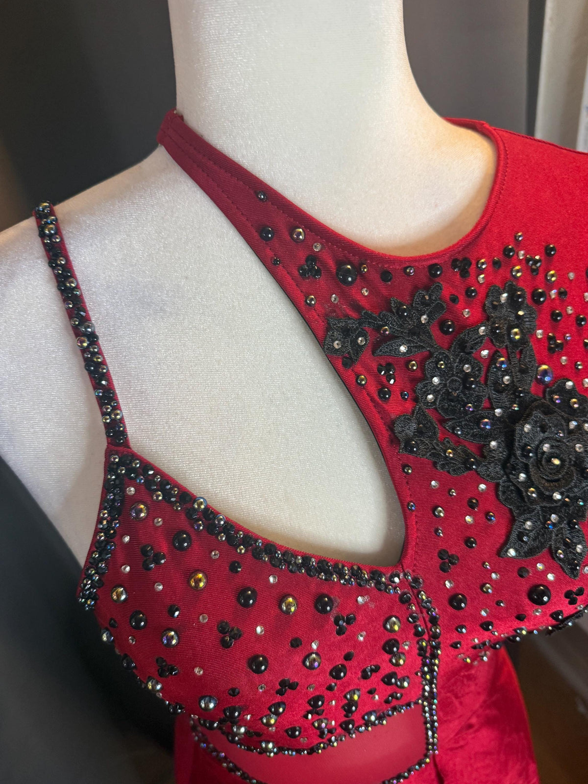 Red Dance Costume | Adult Medium Uneven Hem Dress with Black Rose Appliqués | Tango, Flamenco & Stage Performance - "Scarlet Tango"